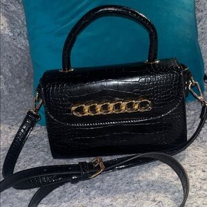Chic Black Croc-Embossed Crossbody Bag with Gold Accents